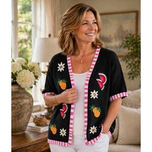 Vintage Quacker Factory Fruit Cardigan Sweater Size M Watermelon Pineapple Black